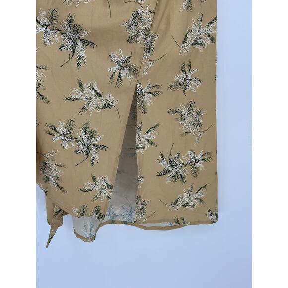 CAARA Lucca Midi Dress Yellow Green Floral Waist Tie Side Slits Vacay Office XS - Picture 6 of 11